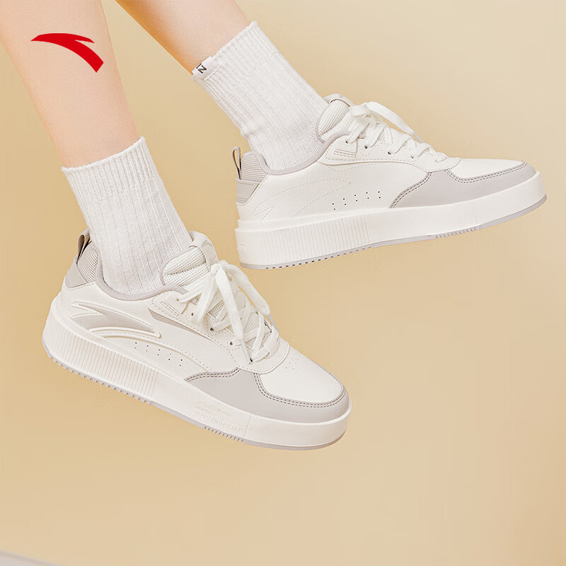 安踏奶盖2板鞋女鞋春季革面低帮厚底增高耐磨小白鞋运动鞋休闲鞋