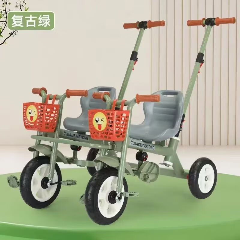 卡宾欧可拆分双人儿童三轮车双胞胎遛娃神器二胎推车宝宝婴儿车脚踏车 可拆分基础款复古绿+肽空轮