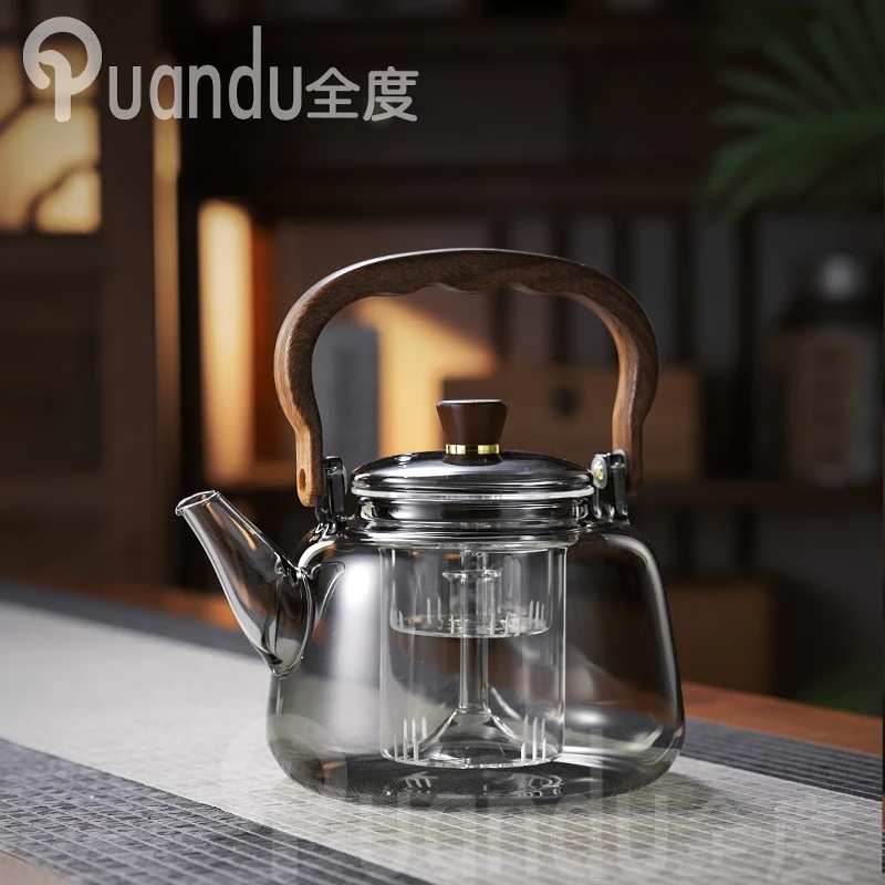 全度耐热玻璃蒸煮一体提梁茶壶2025新款电陶炉煮茶器围炉煮茶壶大容量 木纹把壶灰+鼓韵陶炉黑
