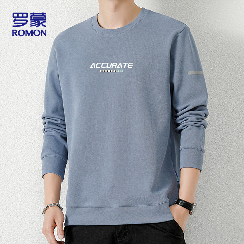 罗蒙卫衣男士春秋圆领宽松长袖T恤打底衫外套男装YT01蓝色XL加绒可选