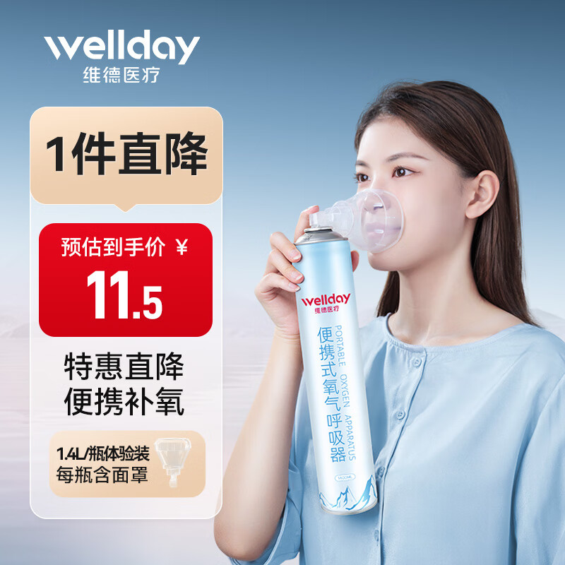 维德（WELLDAY）氧气瓶便携式氧气罐 孕妇老人家用吸氧气袋呼吸器高原反应急旅游氧气包持续供氧1400ml