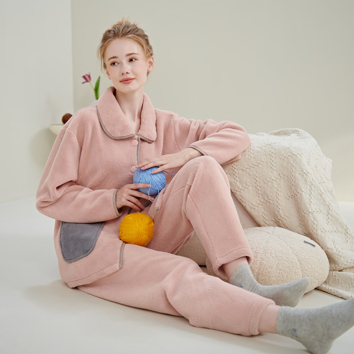 绮瑞女士家居服秋冬女复合绒加厚睡衣休闲时尚高级感珊瑚绒套装大码 灰蓝 2XL (适合140-160斤)