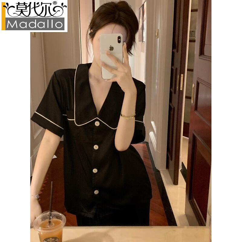 莫代尔简约凉感冰丝睡衣女夏季短袖可外穿两件套装高级感2026新款家居服 黑色 L （建议100-120斤）