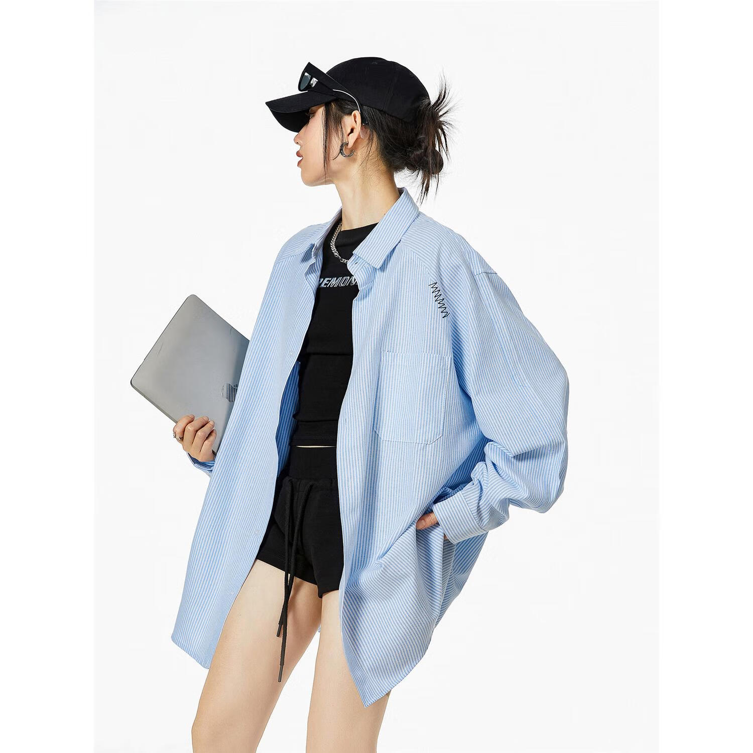 ICH MODE美式复古条纹蓝色衬衫女春秋2025新款宽松衬衣外套上衣男 蓝色 M 京东折扣/优惠券
