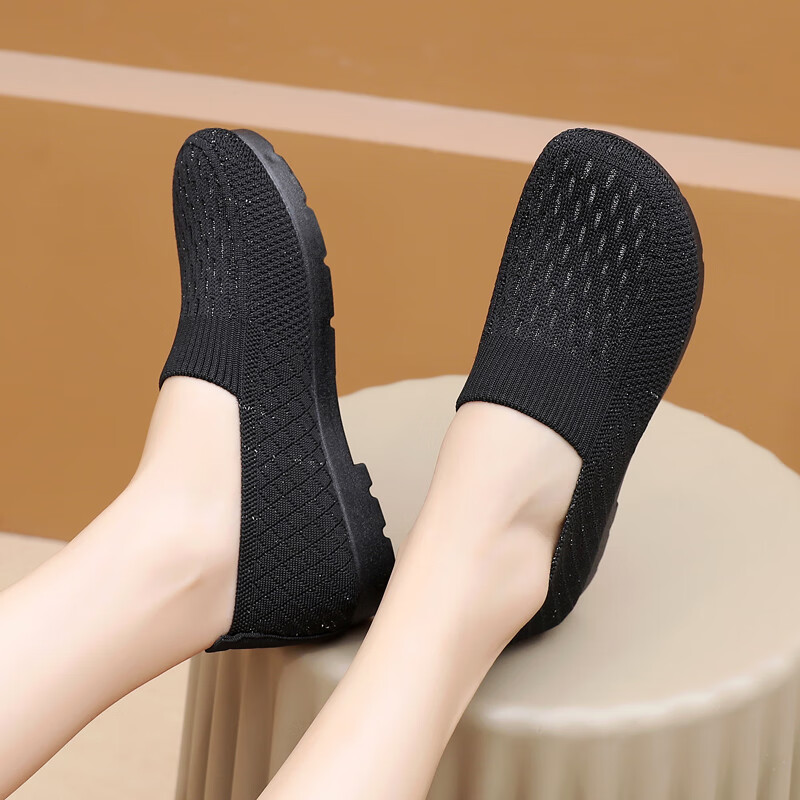 意迪森2025春季新款妈妈鞋透气网面老北京布鞋女平底防滑圆头宽松不挤脚 灰色 34 (220mm)