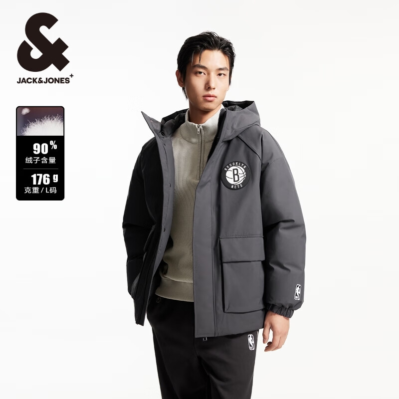 杰克·琼斯（JACK&amp;JONES）NBA联名款篮网队秋冬季宽松百搭连帽保暖羽绒服外套男装225112021 E44黑砂色 S