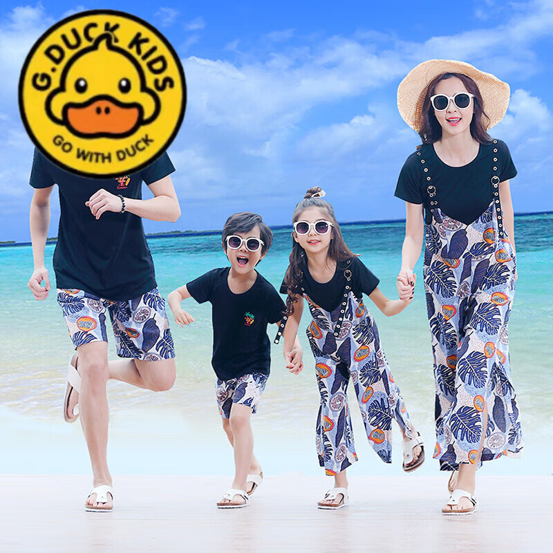 G·DUCK KIDS小黃鴨不一樣的親子裝一家三口夏裝背帶褲套裝海邊度假沙灘裝母子 圖片套裝【上衣+褲子】 185 男XXL
