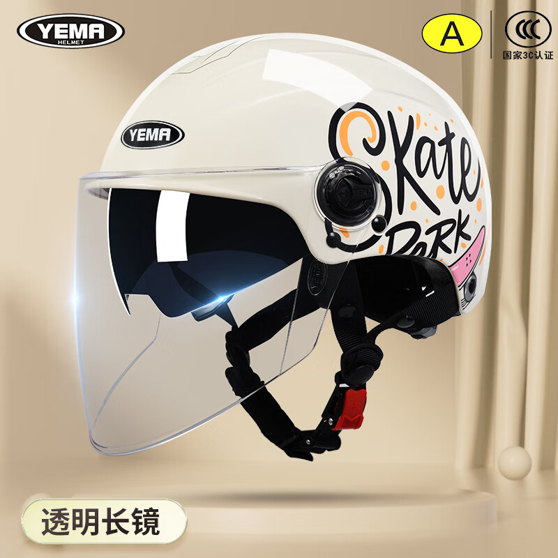 野馬（YEMA）3C認證電動(dòng)摩托車(chē)頭盔男女四季通用半盔夏季防曬新國標電瓶車(chē)安全帽 夏季-卡其白輪滑【透明長(cháng)鏡】 均碼-可調節