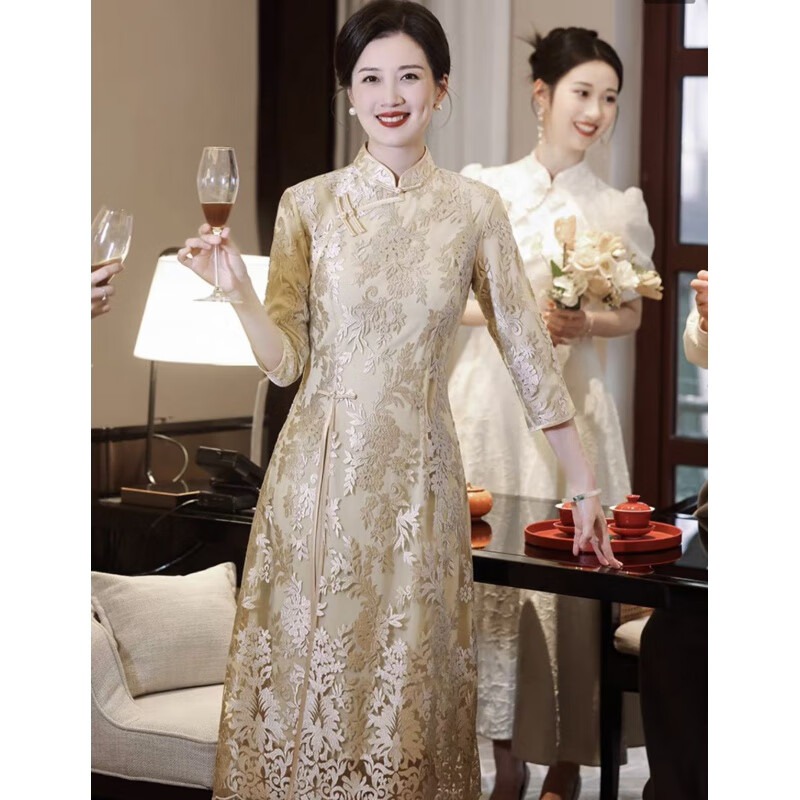 Rindu婚禮媽媽裝高檔禮服平時(shí)可穿的絲旗袍連衣裙結(jié)婚可穿媽媽年輕高貴 香檳色長(zhǎng)袖 7-15天發(fā)貨 4XL 建議140-155斤