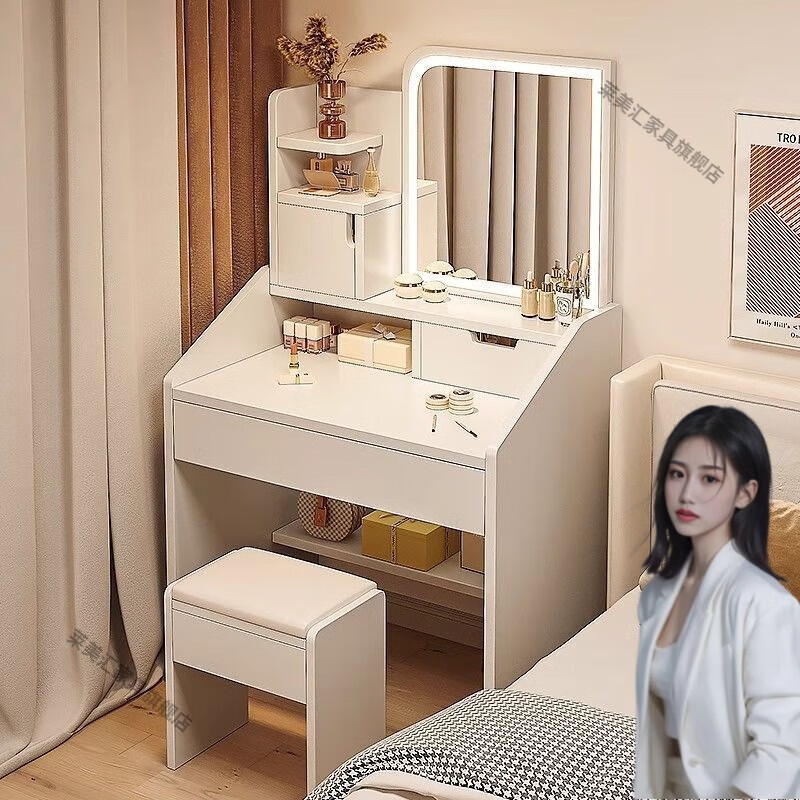 萊美匯梳妝臺(tái)臥室簡(jiǎn)約現(xiàn)代小型化妝柜一體小戶型2024新款化妝桌子化妝臺(tái) 暖白-帶燈-一抽-60