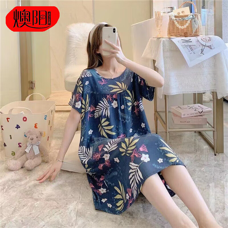 燠阳气质棉绸睡裙女夏季薄款短袖人造棉卡通睡衣大码春秋家居服 绵绸连衣裙-藏青丁香花 均码 （建议80-160斤） 京东折扣/优惠券