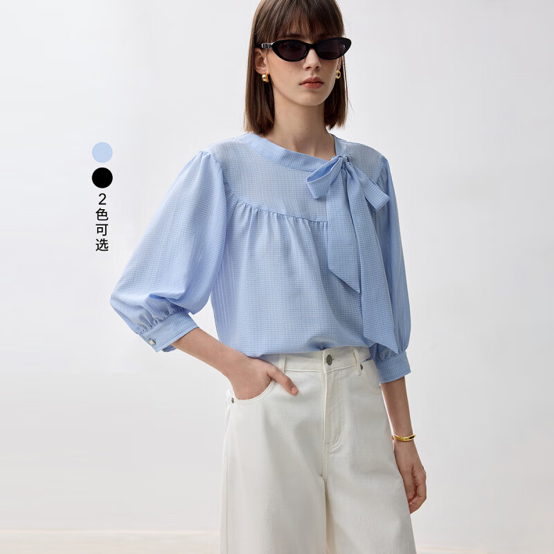 LILY2024新款女裝優(yōu)雅氣質(zhì)系帶都市通勤款洋氣寬松垂墜感雪紡衫 401藍(lán)色-七分袖 S /160/80A