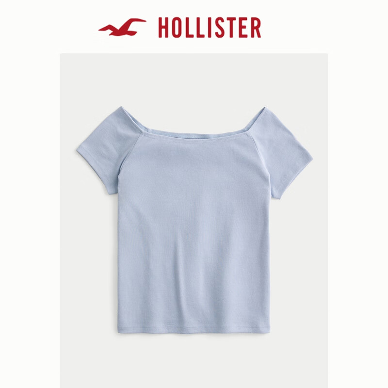 HOLLISTER25春新款美式辣妹修身一字肩露肩短袖T恤女裝KI339-5064 淺藍(lán)色 S (165/88A)