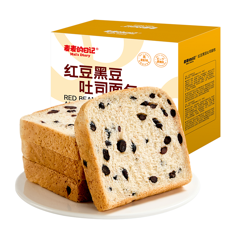 麦麦的日记厚切手撕面包1000g量贩装红豆黑豆味吐司饼干蛋糕点心休闲零食品