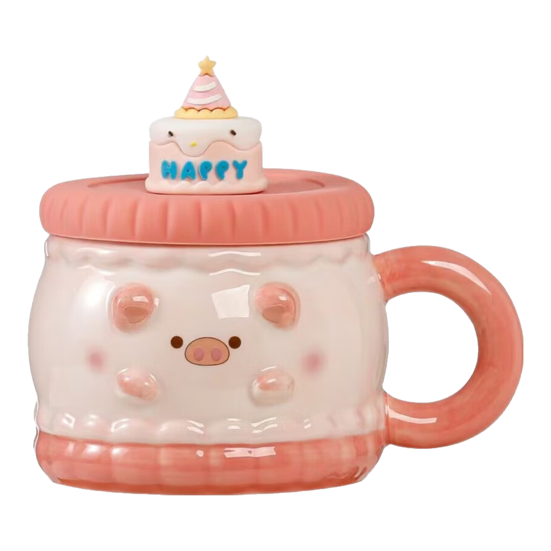 【京東物流】卡通馬克杯高顏值陶瓷杯可愛水杯生日禮物杯子帶蓋子 萌寵生日陶瓷杯-棕色 1個(gè) 430ml