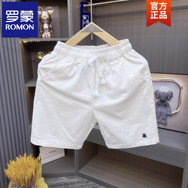 罗蒙（ROMON）夏季新款韩版糖果色刺绣短裤休闲修身百搭五分裤子男女同款沙滩裤 白色 M