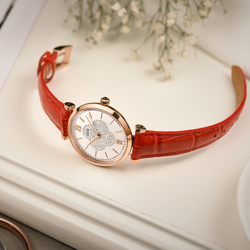 爱沃驰瑞士幸运草系列时尚防水石英手表女士表七夕生日礼物送女友 胭脂红竹纹皮|电池寿命约5年