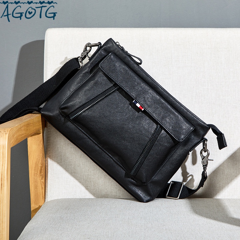 agotg品牌真皮斜挎包男包2022新款潮休闲多功能男士手包软皮牛皮单肩