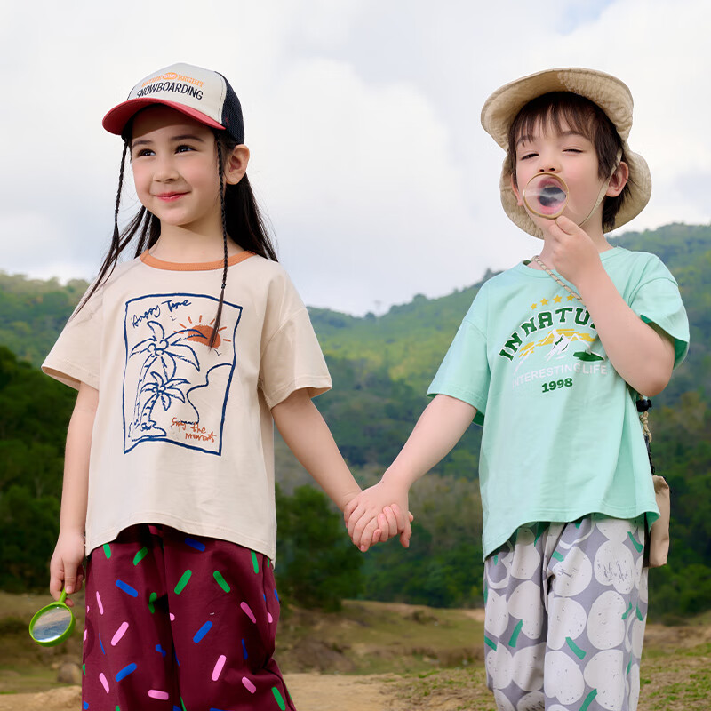 棉花堂【100%棉+抗菌】棉花堂童装儿童T恤两件装女童短袖T男童上衣纯棉L 组合四:米白,浅绿 90