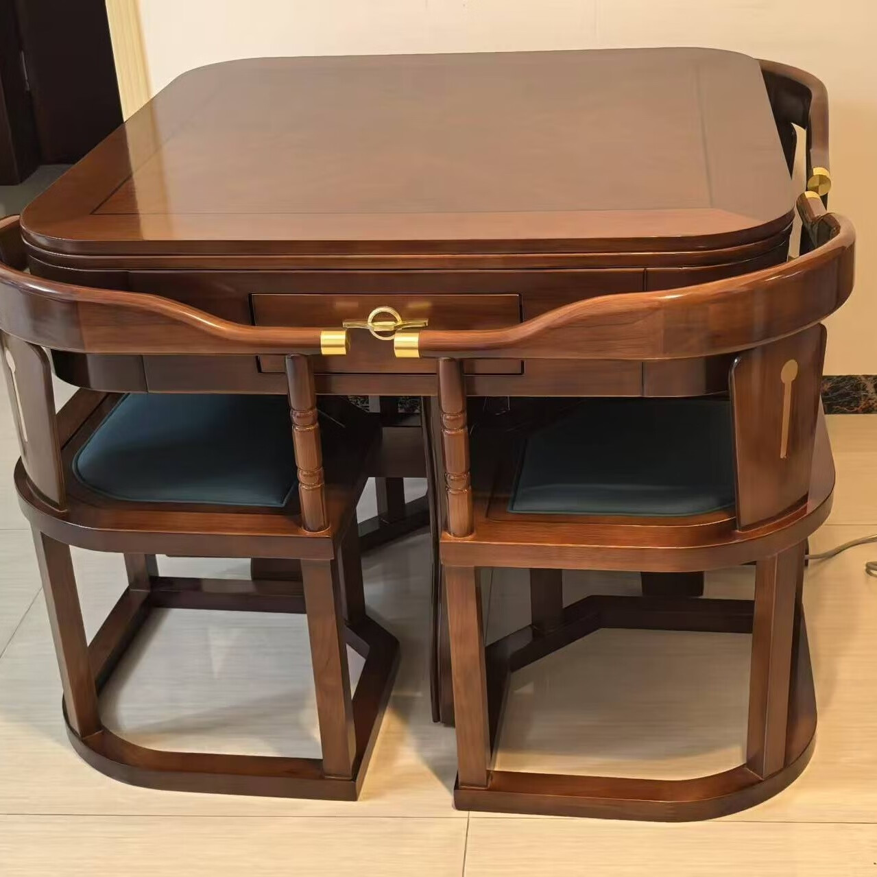 新中式麻将桌实木麻将桌面板家用两用电动全自动麻将机餐桌两用 网红桌带4把椅子