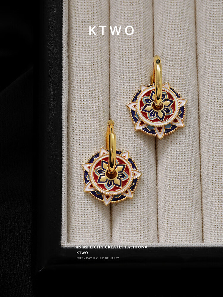 ktwo新中式一款多戴设计彩色耳坠耳环女小众高级感滴油工艺耳圈耳饰品