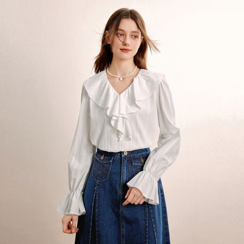 乐町大荷叶边上衣新款秋季长袖甜美浪漫女士百搭超仙衬衫 白色（现货） S