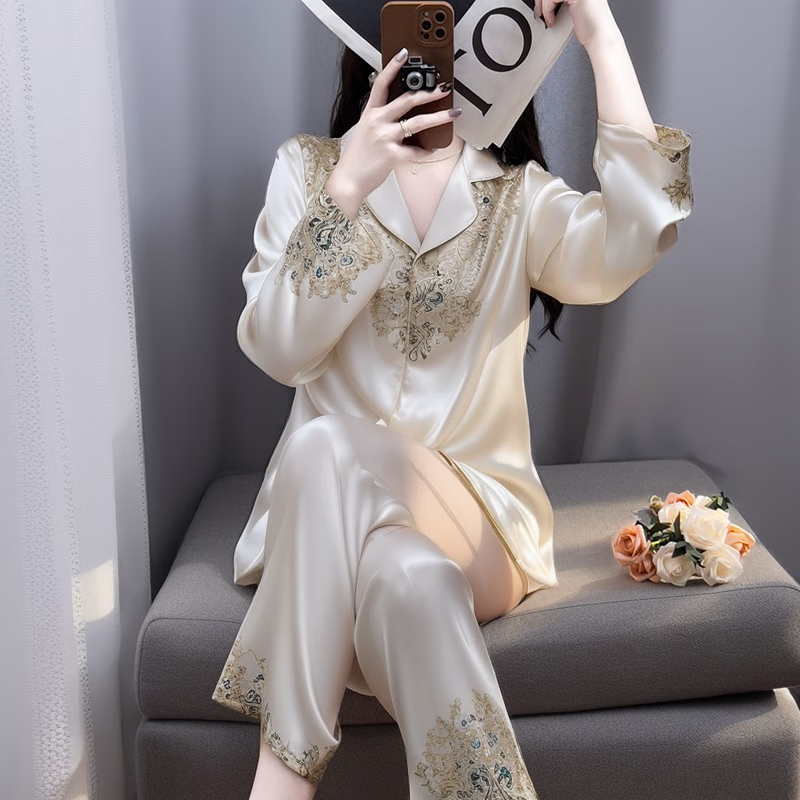 爱慕秋夏高级感真丝睡衣女春秋长袖桑蚕丝送妈妈礼物夏季高端家居服