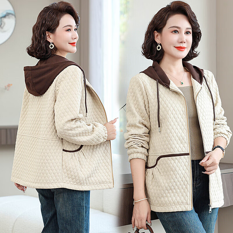 孜颜中老年女装春装2026新款50-60岁洋气妈妈装高端气质春季女士外套 米白色 XL 【建议80-100斤】