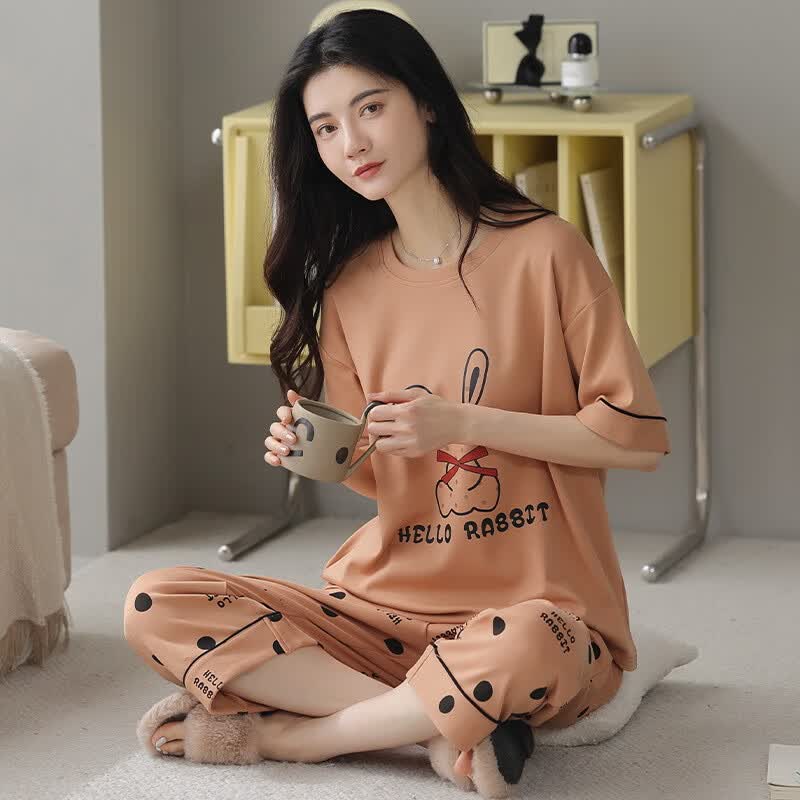 莫代尔睡衣女夏季100%纯棉短袖短裤甜美薄款全棉休闲学生家居服女套装 79962(纯棉) L 【建议95-115斤穿】