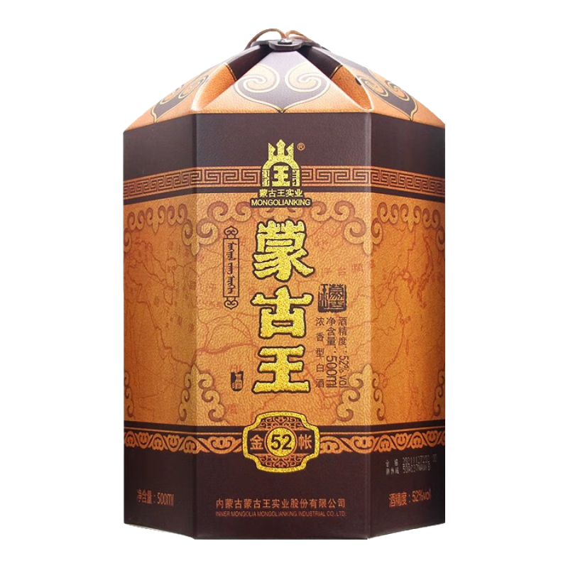 蒙古王 白酒 浓香型纯粮食酒 高度白酒礼盒整箱桶装  52度金帐  500ml*4