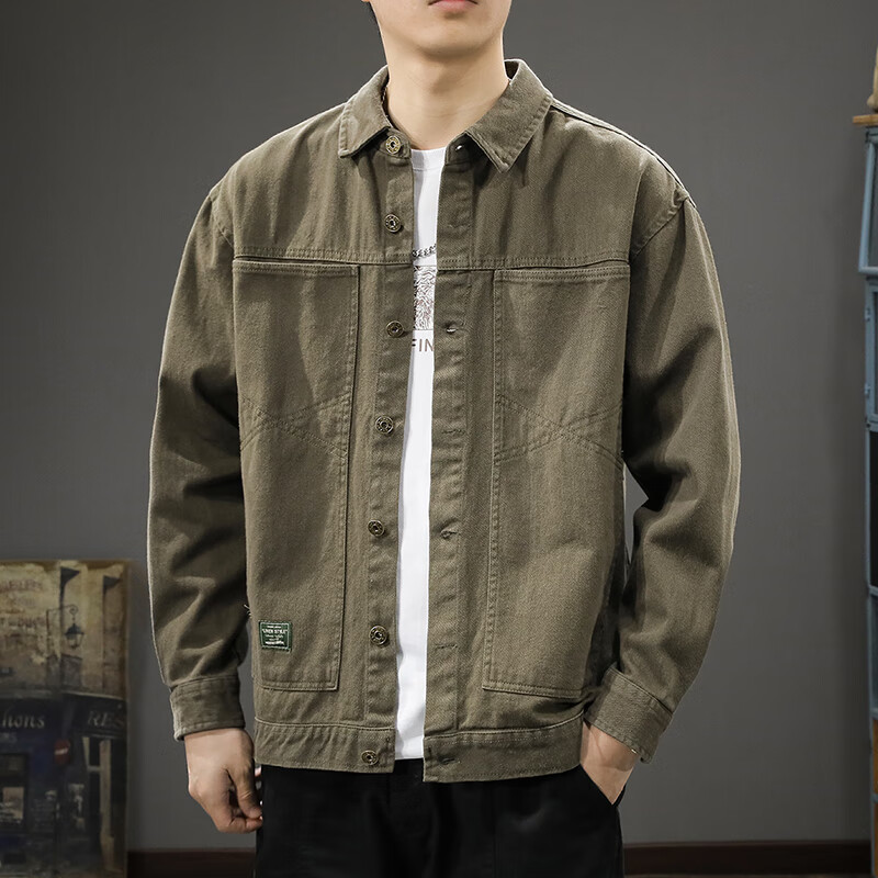 邦约恋人2026新款春秋上衣纯棉工装夹克男宽松大码秋季休闲翻领衬衫外套潮 军灰色 Z788 M 合适体重100-120斤