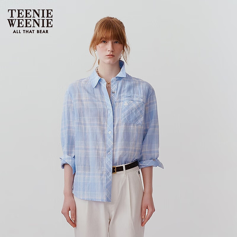 Teenie Weenie【亞麻+棉】小熊女裝夏季新款法式襯衫外套格子上衣