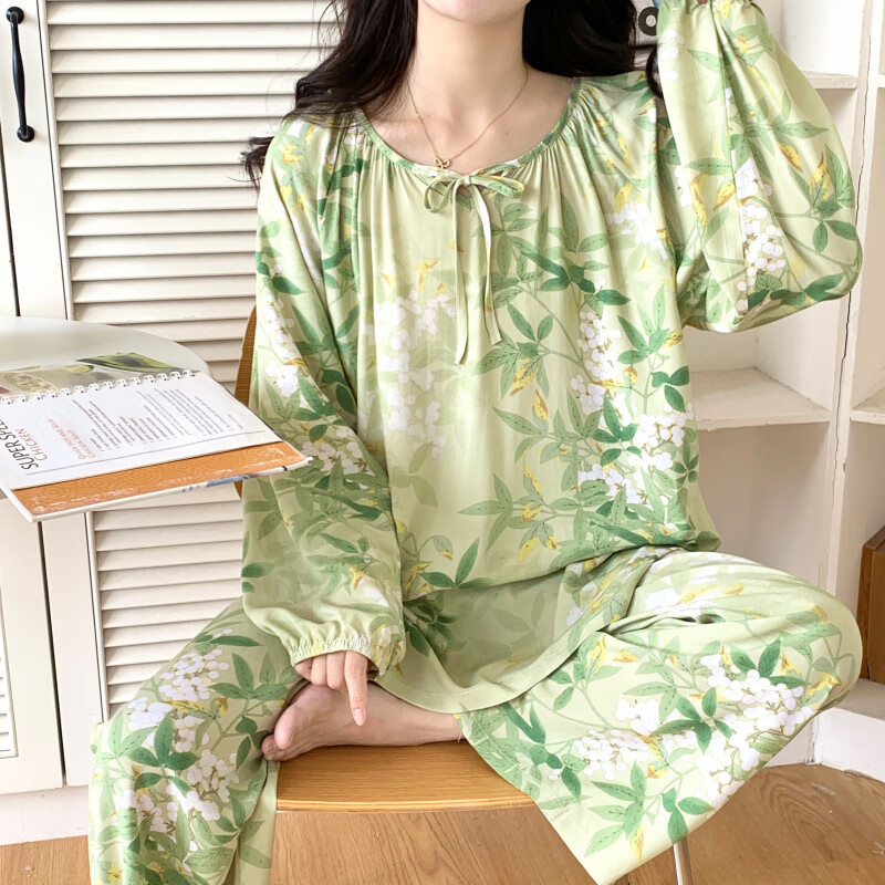 禾回新中式國風棉綢睡衣女夏季長袖空調(diào)服春秋時尚外穿家居服套裝 034#國風青禾綠葉 XL 115-135斤