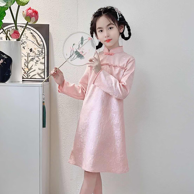 九虞氏儿童唐装旗袍裙女童夏季新中式薄款中国风古装长袖汉服旗袍连衣裙 粉红色 薄款 170 (适合身高156-165cm)