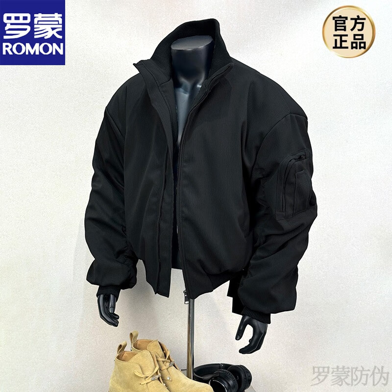 罗蒙（ROMON）飞行员夹克外套男春秋款美式廓形短款冲锋CLENFT立领教练棒球服新 黑色 M 建议105-120斤