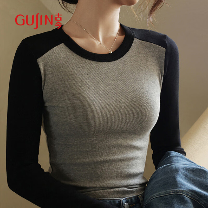 古今（GUJIN）圓領(lǐng)撞色插肩袖打底衫女早春新款長袖內(nèi)搭修身顯瘦t恤上衣黑色L
