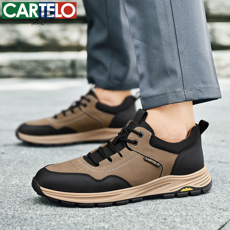 卡帝乐鳄鱼男鞋秋冬季新款男士休闲皮鞋时尚运动休闲鞋百搭舒适旅游鞋子 卡其 5606 41