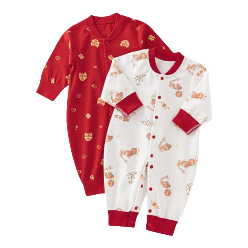 乖奇熊新生兒長(zhǎng)袖連體衣春秋季男女寶寶紅色百天衣服嬰幼兒哈衣爬服 大紅/獅舞金輝 66cm