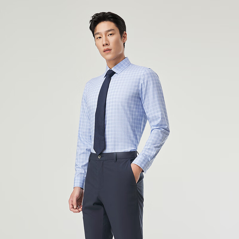 雅戈尔长袖衬衫格纹【桑蚕丝】微弹亲肤细腻柔软有型通勤男衬衣 蓝色格纹 40 (175/92A)