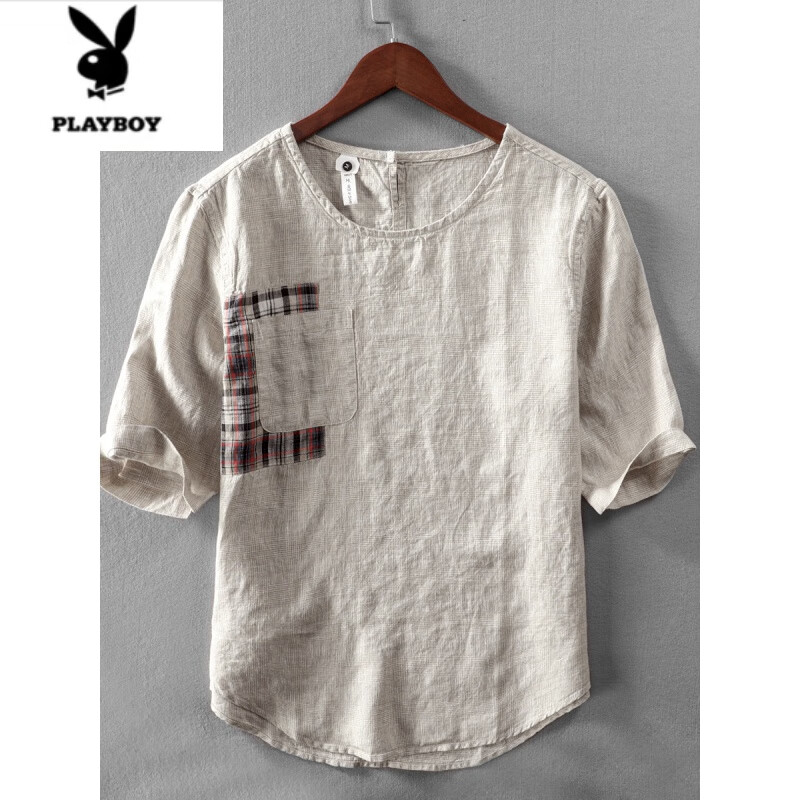 花花公子（PLAYBOY）中国风亚麻t恤男短袖棉麻口袋上衣夏季薄款拼接宽松男装体恤男潮 灰色 4XL 建议190-210斤