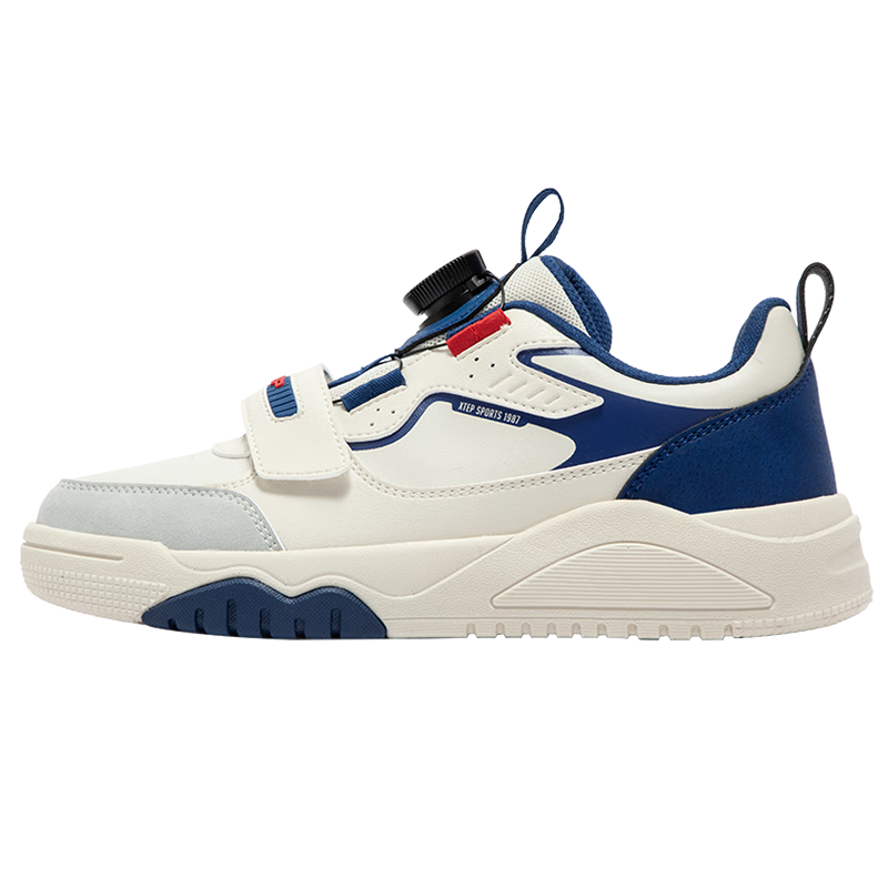 特步（XTEP）儿童童鞋男女童中大童革面防滑旋转扣板鞋 白沙灰/青金石蓝 35