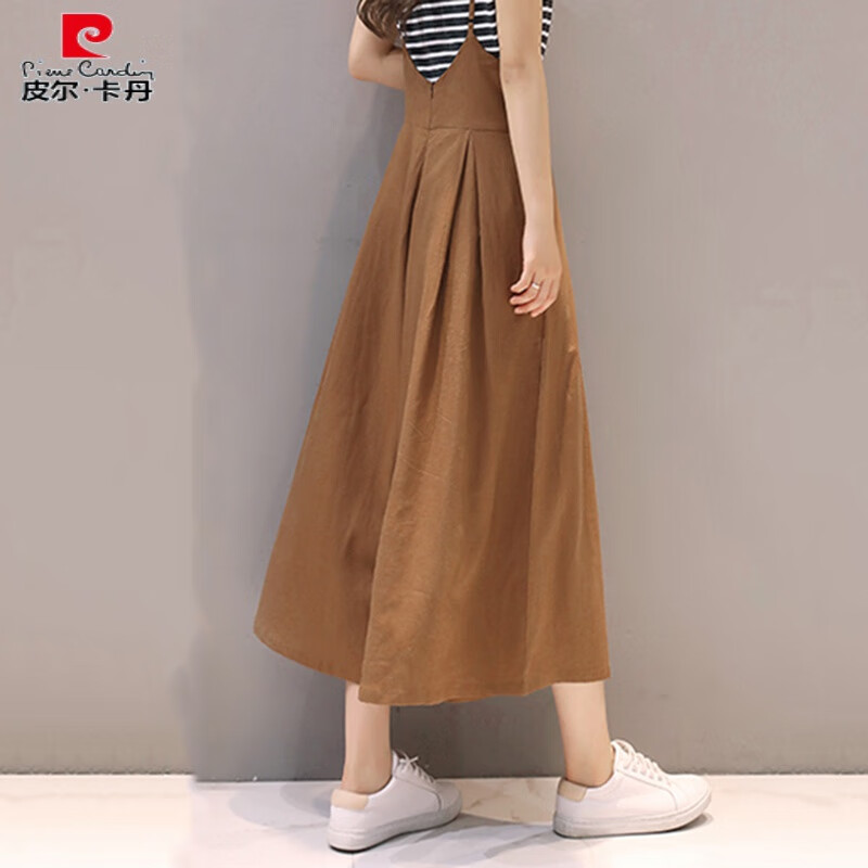 皮爾卡丹（pierre cardin）2025新款夏季背帶闊腿褲寬松高腰九分吊帶褲裙時(shí)尚休閑兩件套裝 咖啡色單闊腿褲 S 【85至100斤】