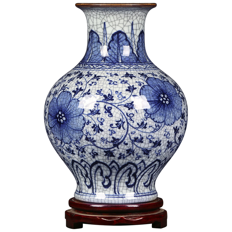 傲世景德鎮(zhèn)陶瓷器仿古中式青花瓷花瓶工藝品客廳擺件博古架辦公室裝飾 手繪官窯裂紋蘋(píng)果尊+底座+證書(shū)