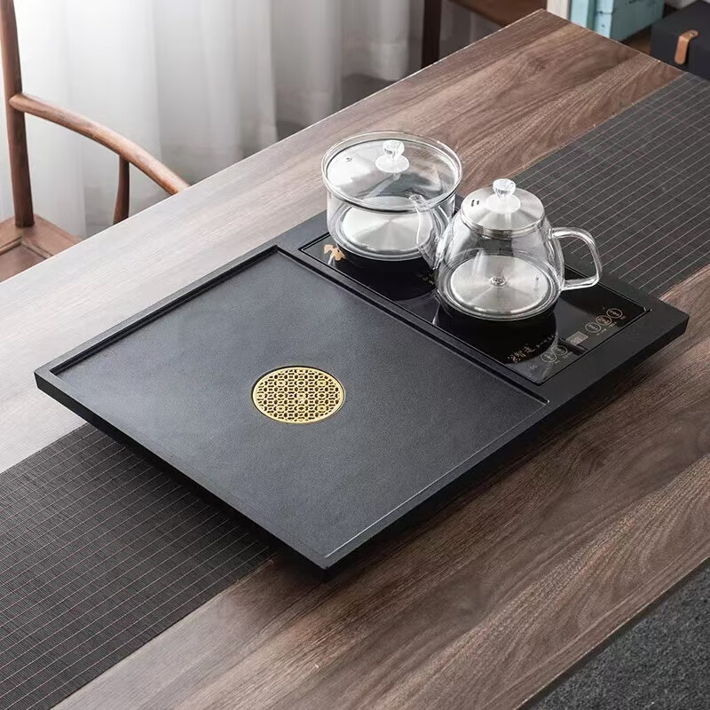 合成乌金石茶盘全自动一体烧水壶套装客厅办公室家用简约茶台茶具 海纳百川  （80*45cm开孔一体） 带玻璃烧水壶