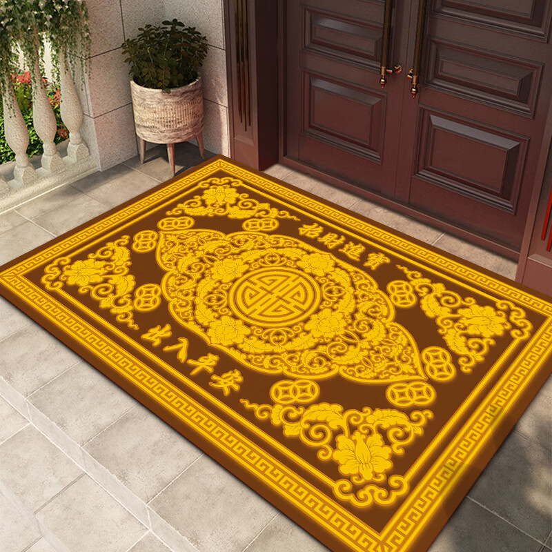 迎菲金色黄色入户门地垫脚垫2026年新款门垫进门口地垫玄关地垫可裁剪 赤金色-聚财(出入平安) 50cm*80cm 【皮革-横版】高*长