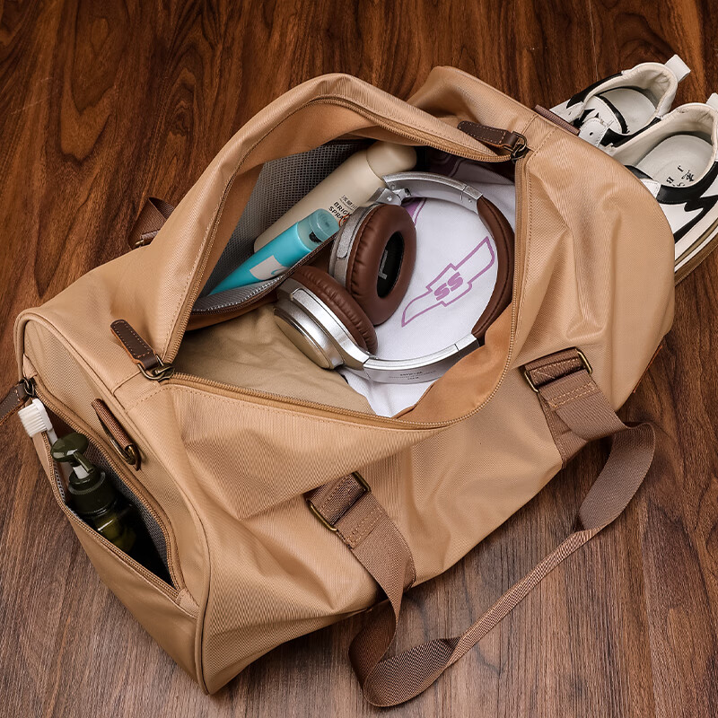 新潮代旅行包男士大容量手提健身包干湿分离男短途旅行包行李运动斜挎包 卡其色