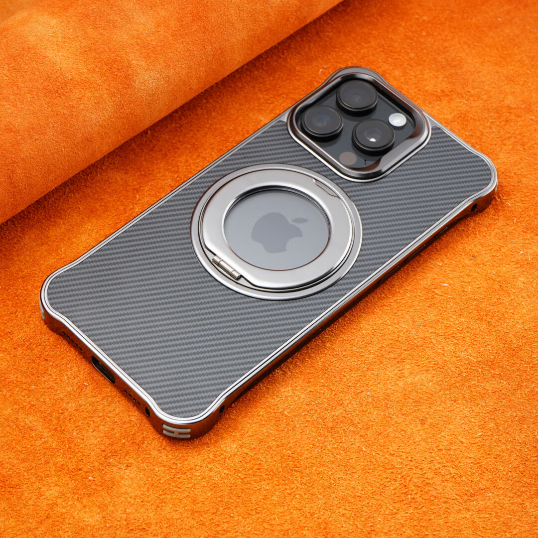 祖瞐薇适用于苹果16 Pro Max手机壳新款磁吸旋转支架碳纤维纹漏标高端男士iPhone 15 Pro无边框14防摔保 【气质黑】 iPhone 16