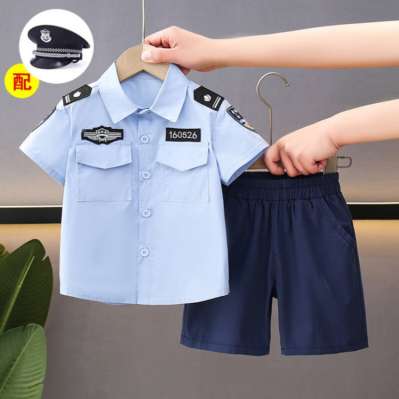 G.duck儿童警官警察衣服男童套装夏季新款男宝宝演出服中小童衬衫短袖 警察服套装加帽子 110 （建议身高100cm 4-5岁）cm