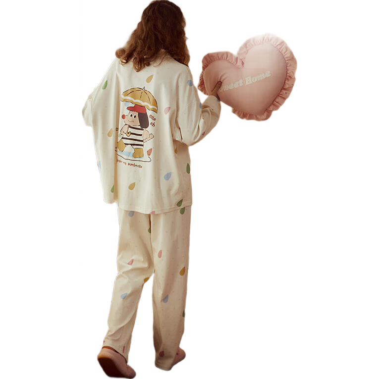 创宙 果壳(Gukoo)睡衣女春季新款派对小狗系列卡通满印女士家居服套装 浅黄 M