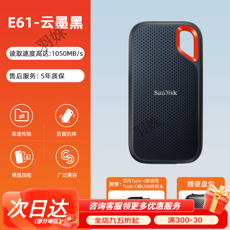 闪迪（SanDisk）移动固态硬盘1tb手机电脑盘外接type-c加密外置ssd高速4tb E61 云墨黑 读速1050MB/s 硬盘包 4TB